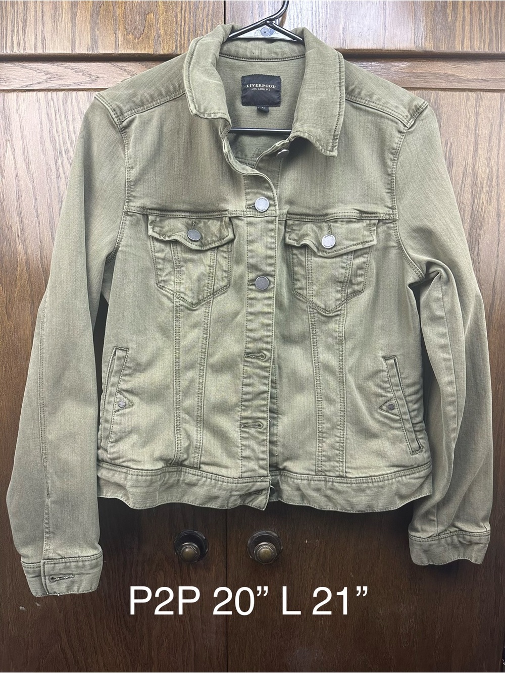 Liverpool Olive Green Denim Jacket with Button-Front